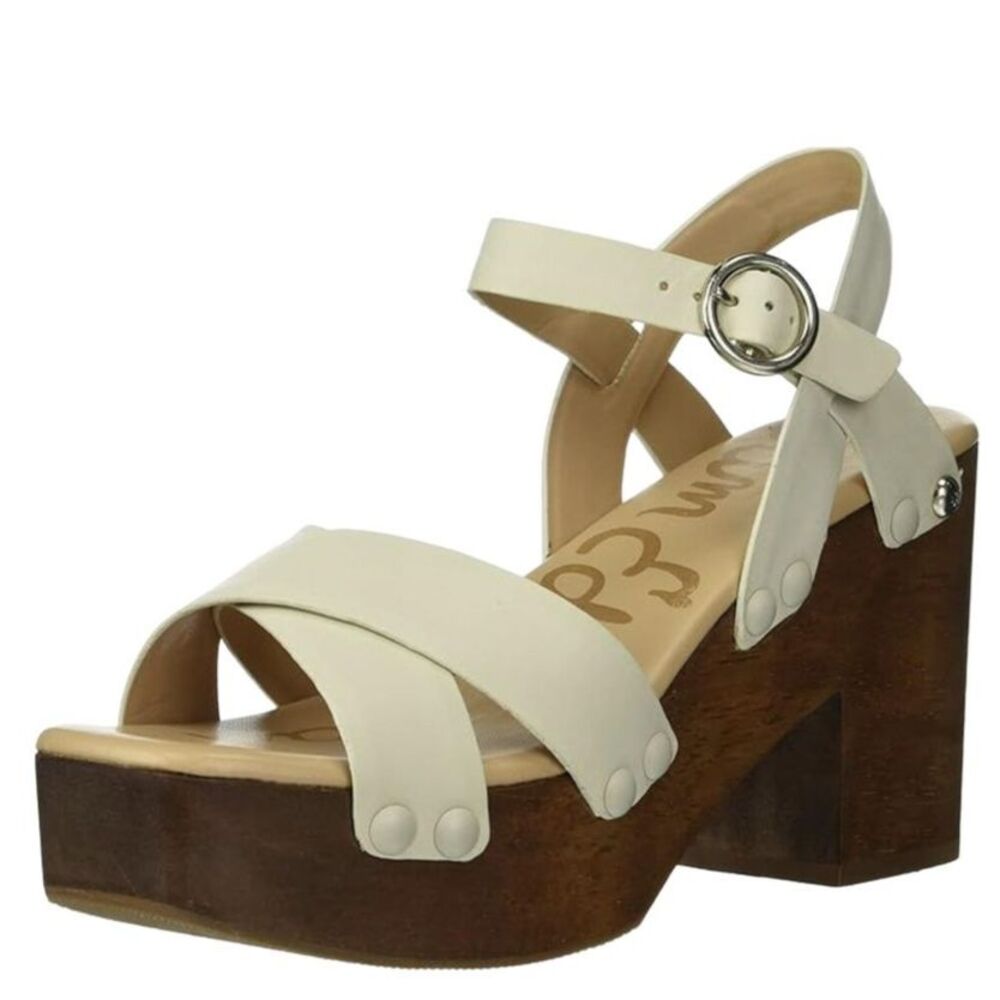 Sam Edelman Platform Sandal 7.5 Chunky Wooden Heel Criss Cross Cream Josefine